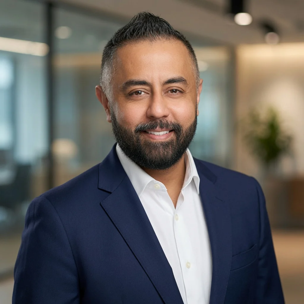 Omer Qureshi in a navy suit in a modern office.