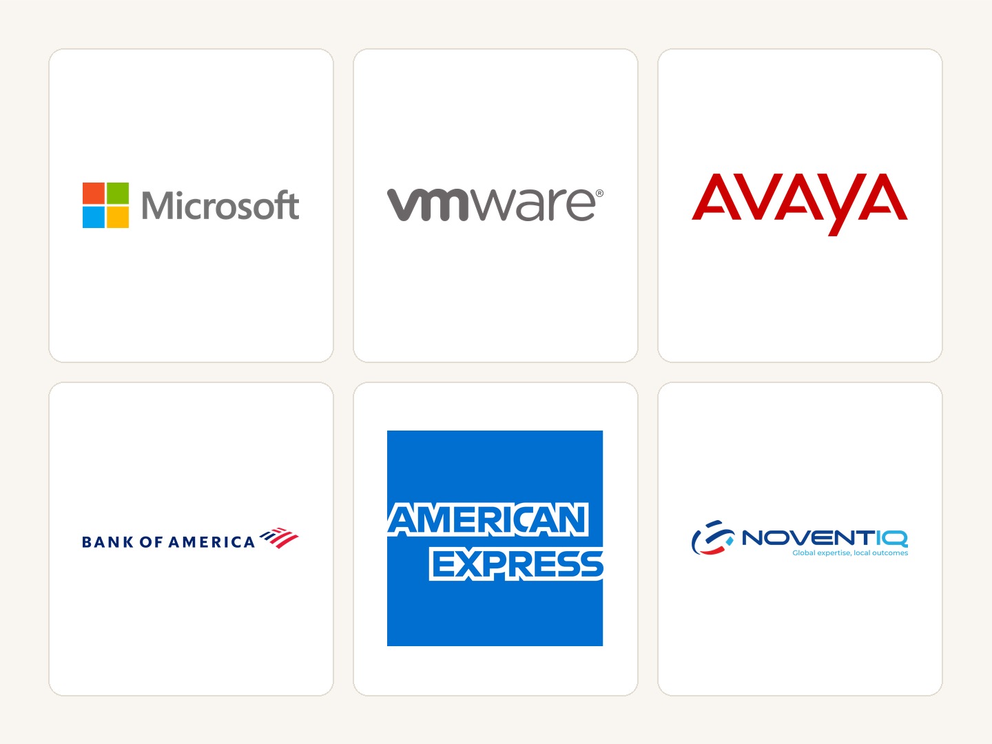 Company logos: Microsoft, VMware, Avaya, Bank of America, American Express, Noventiq.